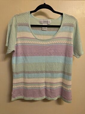 Sag Harbor Fairycore Pastel Striped Knit Top L Shimmer Metallic 90s Soft Vintage